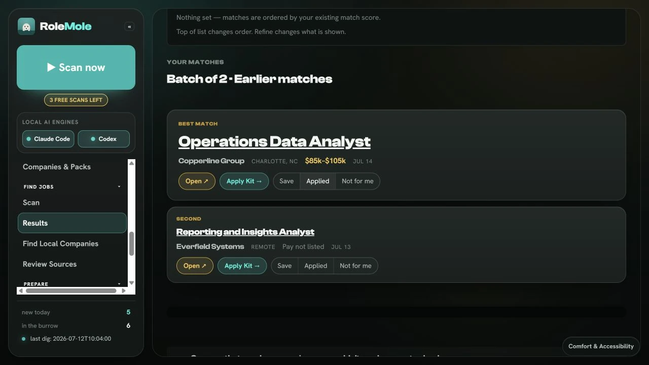 A RoleMole results screen showing a short ranked list of matched roles.
