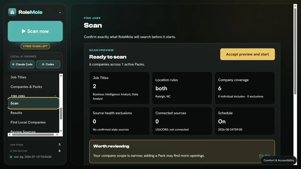 The RoleMole scan screen showing search scope and the latest scan report.